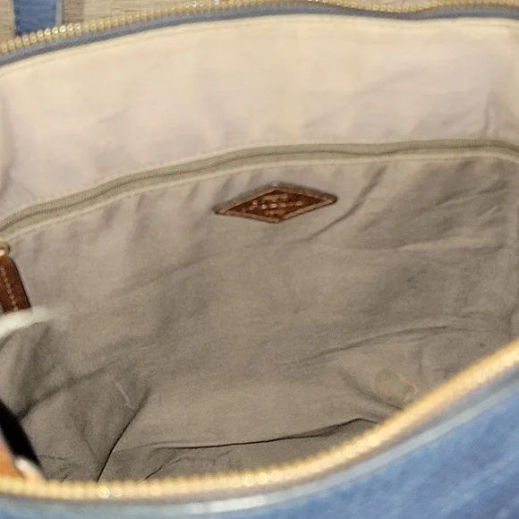 Fossil Blue Leather Tote Shoulder Bag Handbag Purse - Picture 12 of 14